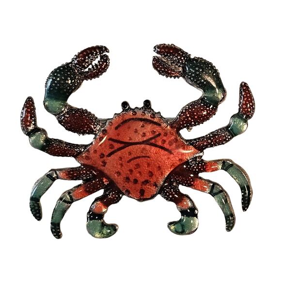 Vintage Painted Crab Brooch & Pendant Red and Blue Green with Silver Backing - Picture 1 of 6